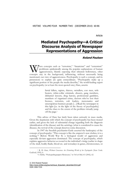 Mediated Psychopathy—A Critical Discourse Analysis of Newspaper Representations of Aggression