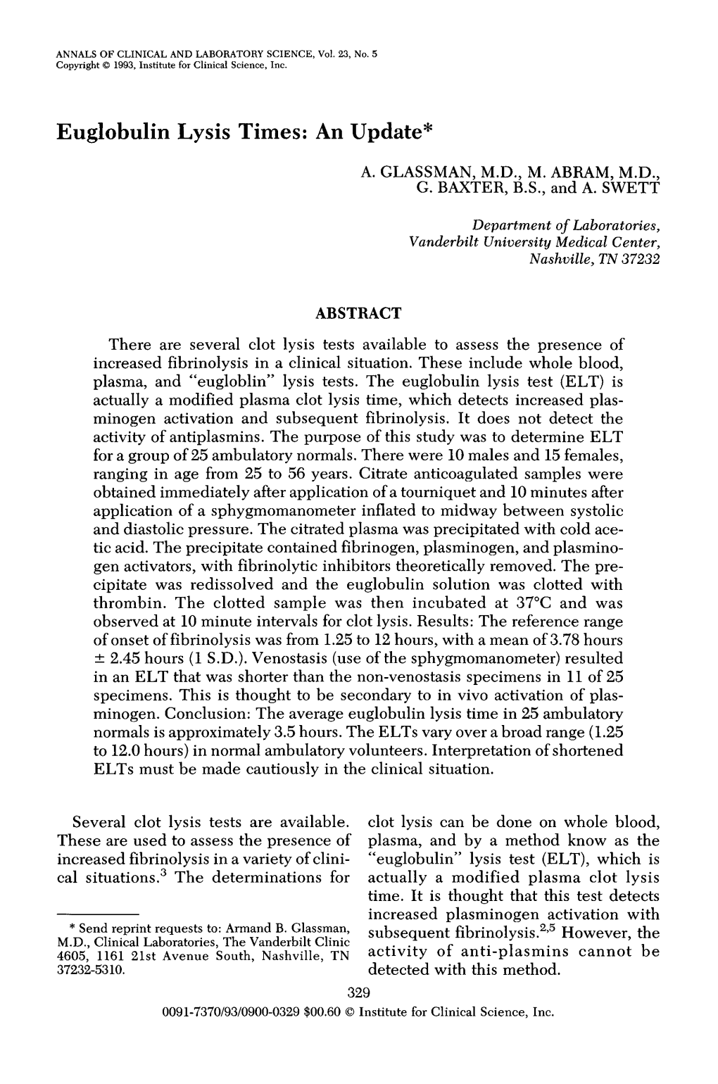 Euglobulin Lysis Times: an Update*