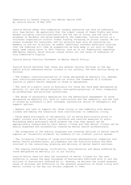 Submission to Senate Inquiry Into Mental Health 2005 by Justice Action 18 May 2005