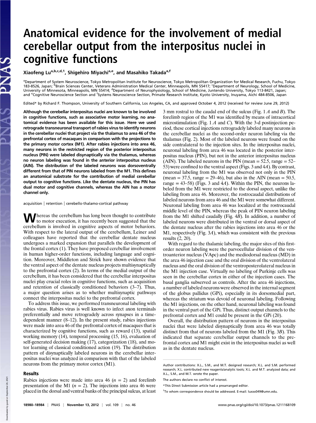 Anatomical Evidence for the Involvement of Medial Cerebellar Output from the Interpositus Nuclei in Cognitive Functions