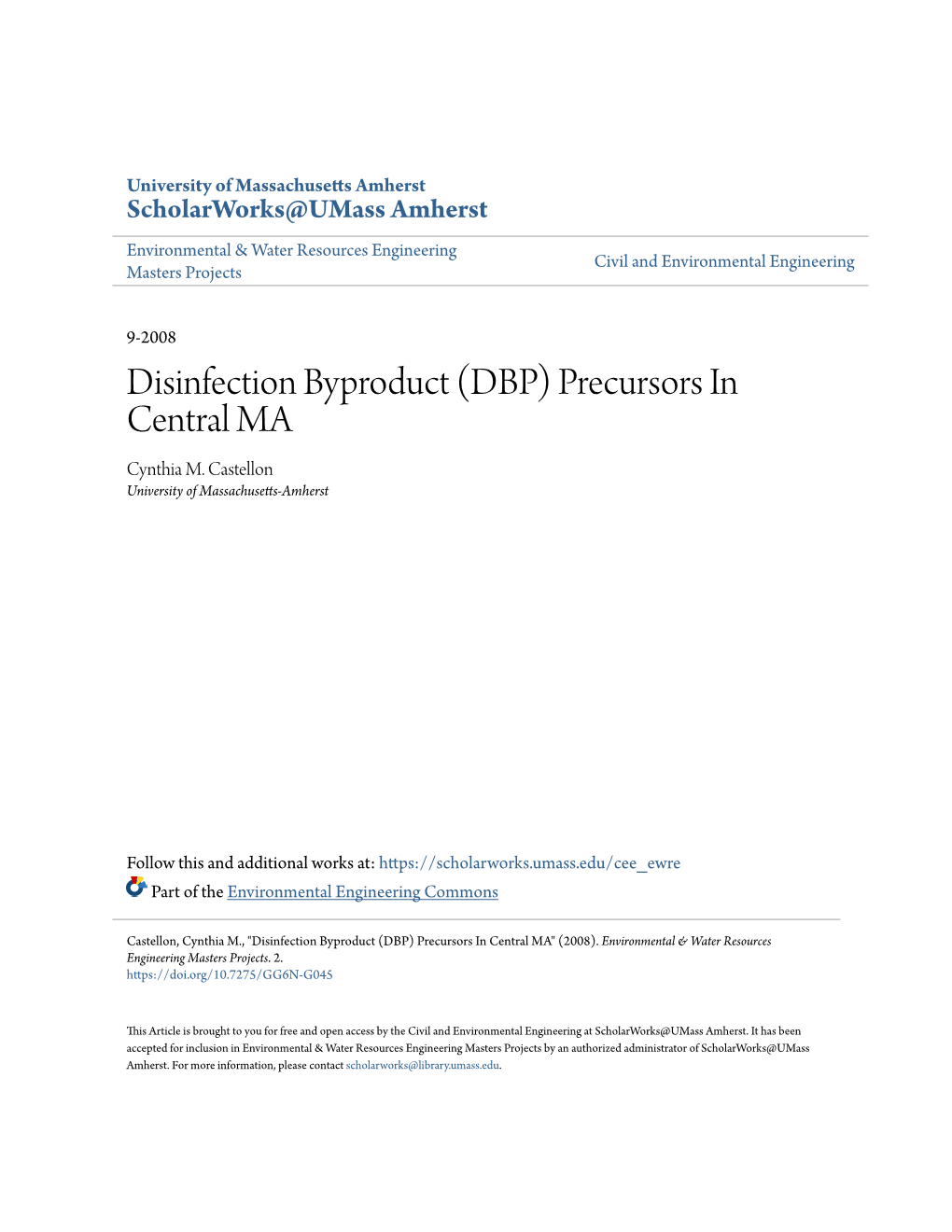 Disinfection Byproduct (DBP) Precursors in Central MA Cynthia M