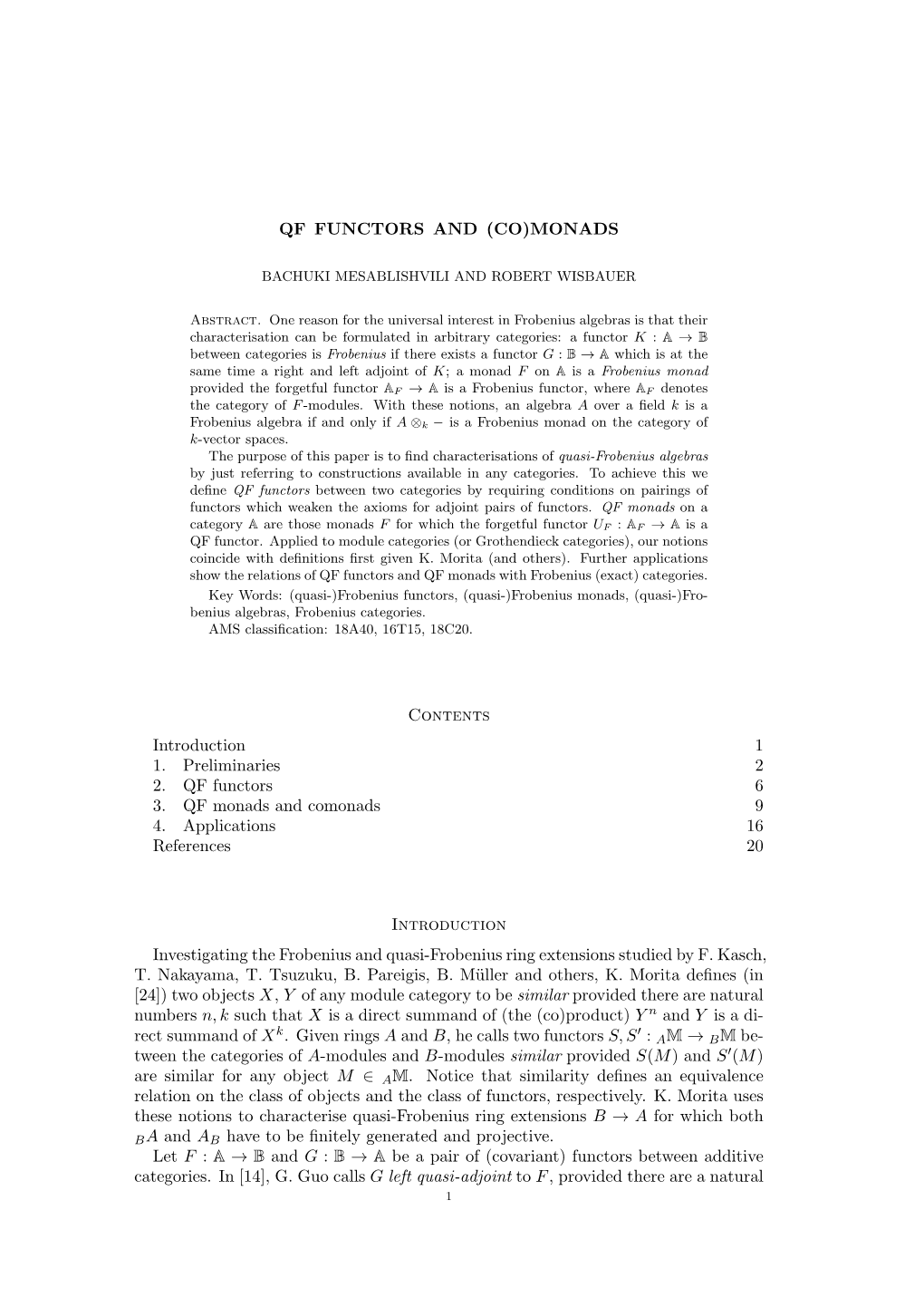 QF FUNCTORS and (CO)MONADS Contents Introduction 1 1