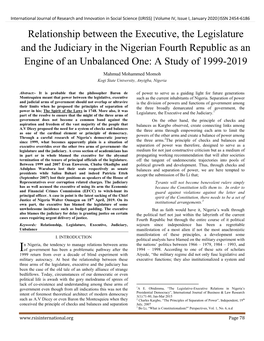 Relationship Between the Executive, the Legislature and the Judiciary in the Nigerian Fourth Republic As an Engine of an Unbalanced One: a Study of 1999-2019