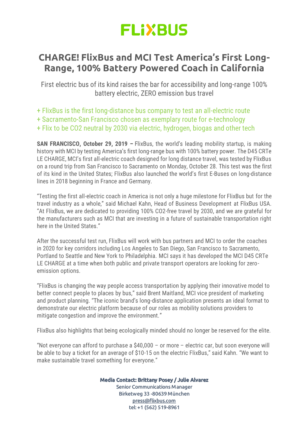 CHARGE! Flixbus and MCI Test America's First Long- Range, 100% Battery Powered Coach in California