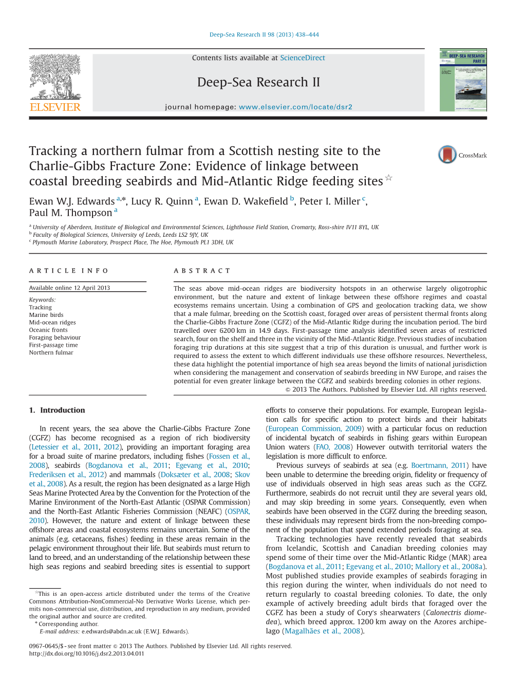 Tracking a Northern Fulmar from a Scottish Nesting Site to the Charlie-Gibbs Fracture Zone Evidence of Linkage Between Coastal