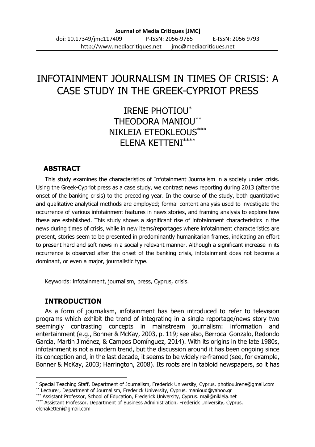 Infotainment Journalism in Times of Crisis: a Case Study in the Greek-Cypriot Press