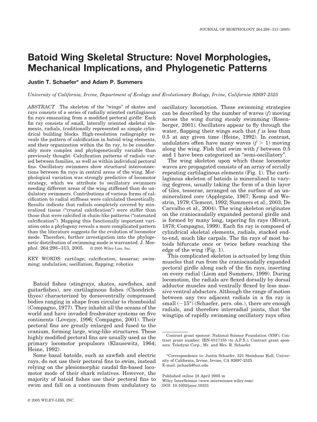 Batoid Wing Skeletal Structure: Novel Morphologies, Mechanical Implications, and Phylogenetic Patterns