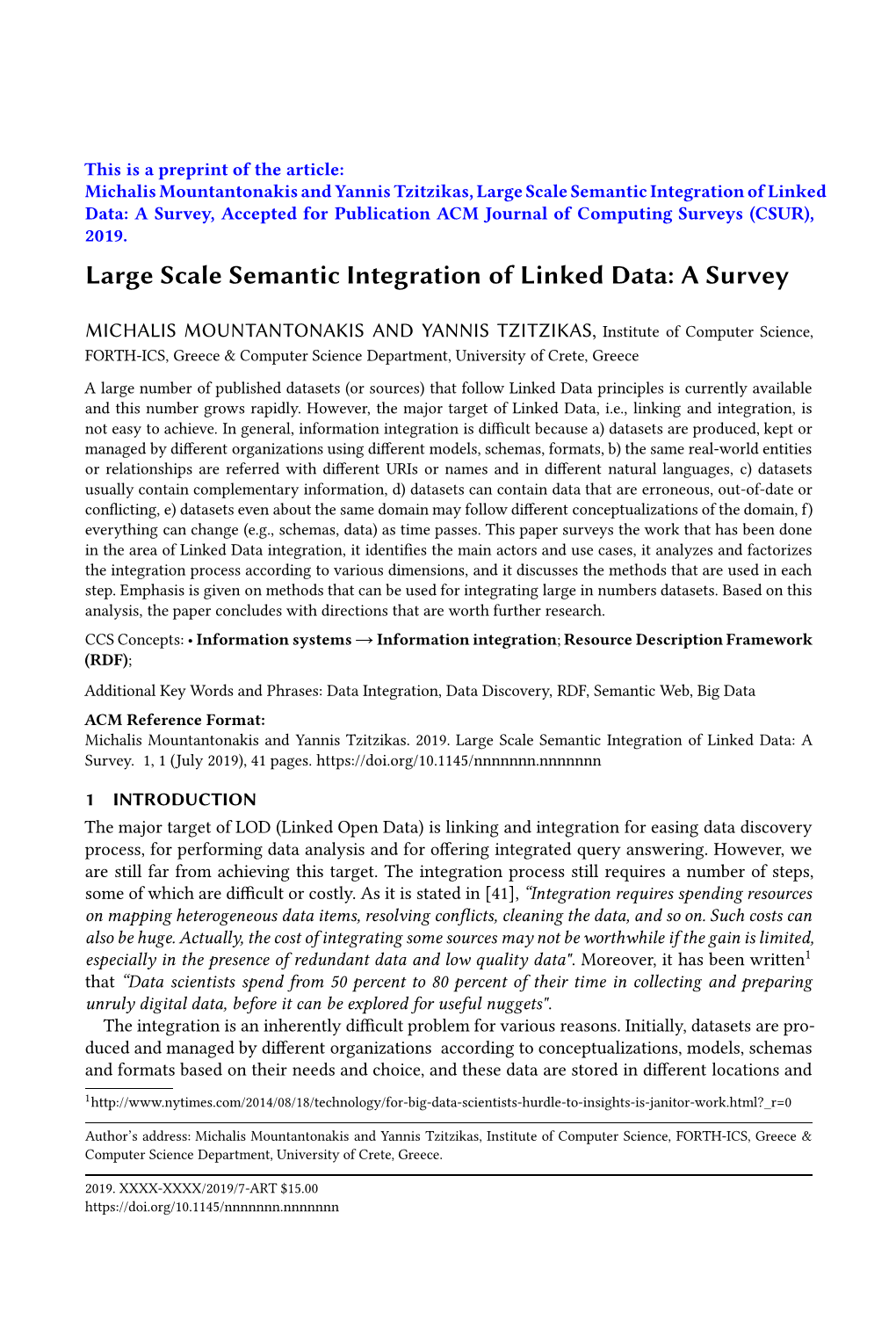 Large Scale Semantic Integration of Linked Data: a Survey, Accepted for Publication ACM Journal of Computing Surveys (CSUR), 2019