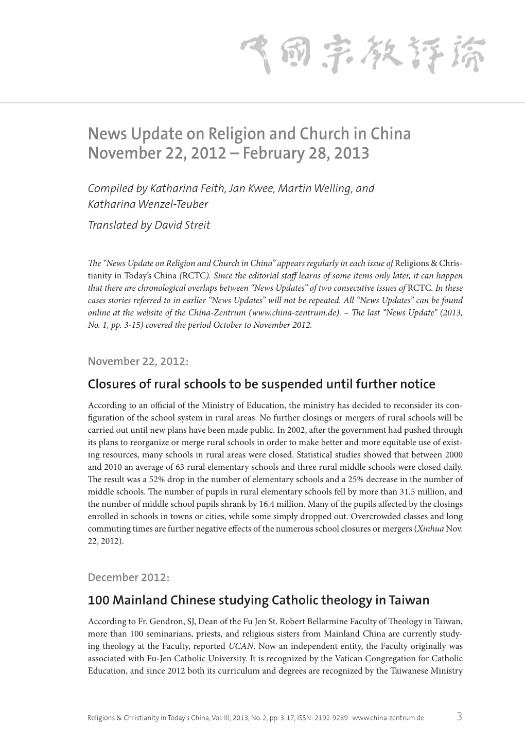 News Update on Religion and Church in China November 22, 2012 – February 28, 2013