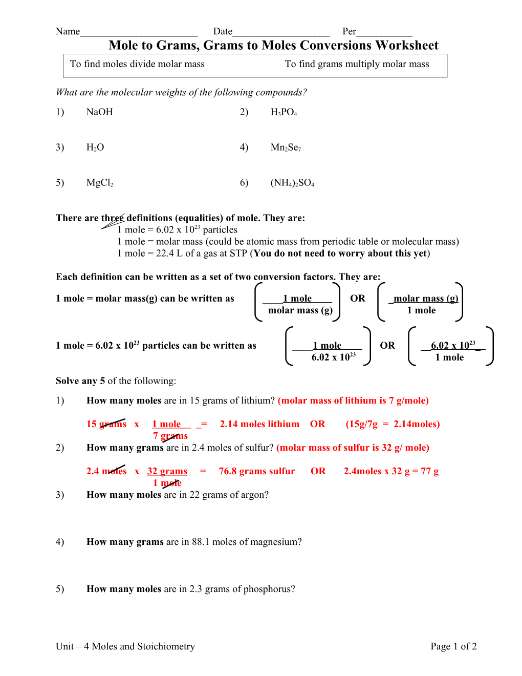 Mole Calculation Worksheet