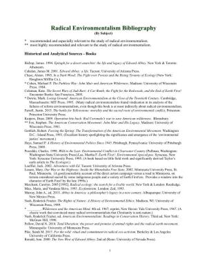 Radical Environmentalism Bibliography (By Subject)