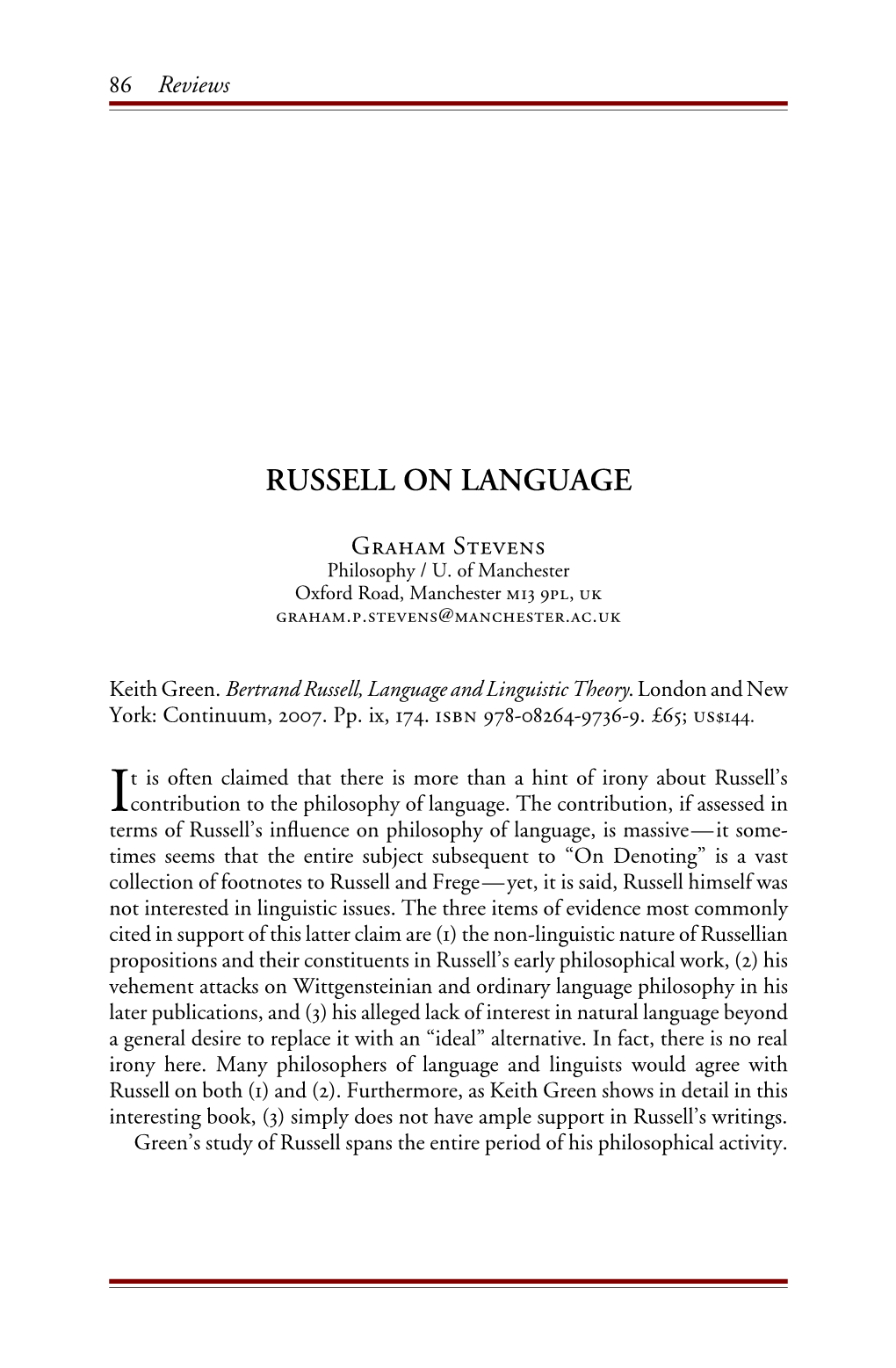 Russell on Language [Keith Green, Bertrand Russell, Language And