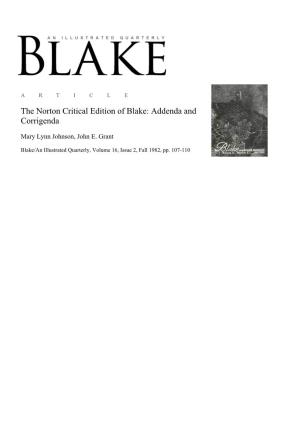 The Norton Critical Edition of Blake: Addenda and Corrigenda