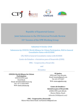 Equatorial Guinea Joint Submission to the UN Universal Periodic Review 33Rd Session of the UPR Working Group