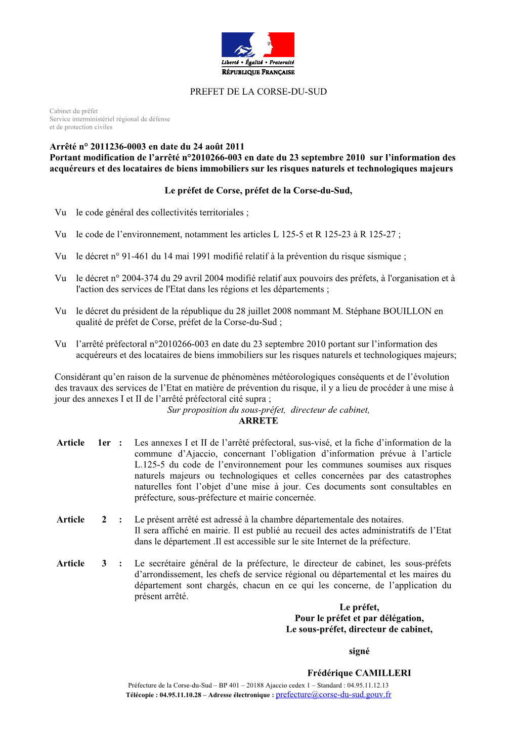 Arrêté Préfectoral N° 2011236-0003 En Date Du 24