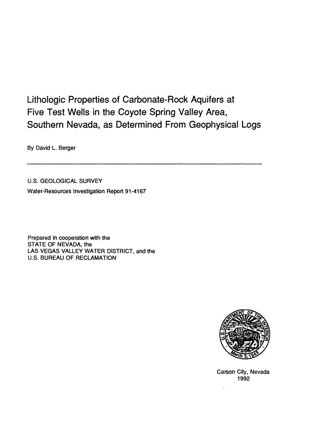 Lithologic Properties of Carbonate-Rock Aquifers at Five Test Wells in the Coyote Spring Valley Area, Southern Nevada, As Determined from Geophysical Logs