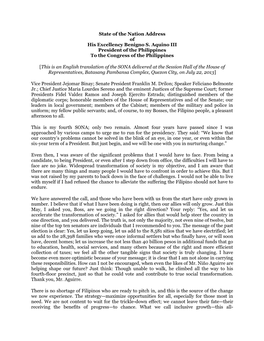 English Translation of the SONA Delivered at the Session Hall of the House of Representatives, Batasang Pambansa Complex, Quezon City, on July 22, 2013]