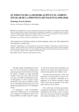 EL IMPACTO DE LA DESPOBLACIÓN EN EL ÁMBITO ESCOLAR DE LA PROVINCIA DE PALENCIA (1996-2018) Domingo García Ramos Doctor En Ciencias Políticas Y Sociología