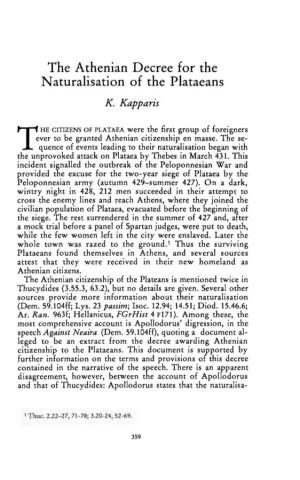 The Athenian Decree for the N Aturalisation of the Plataeans K