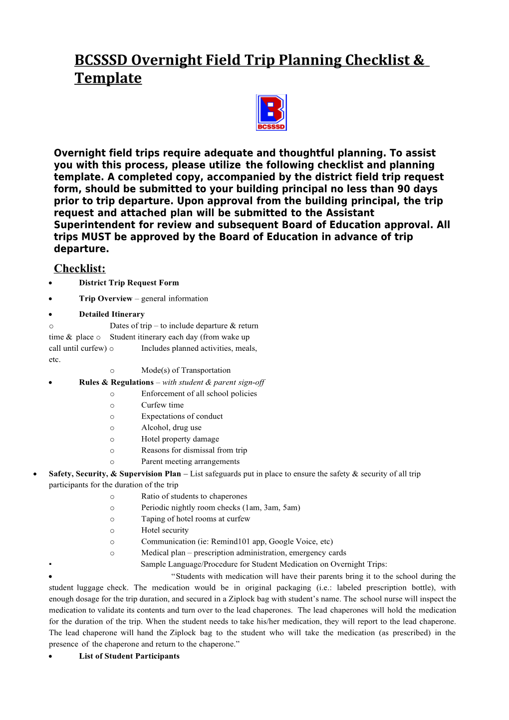 BCSSSD Overnight Field Trip Planning Checklist & Template