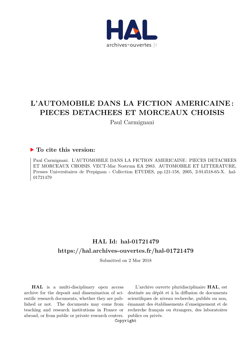 L'automobile Dans La Fiction Americaine: Pieces