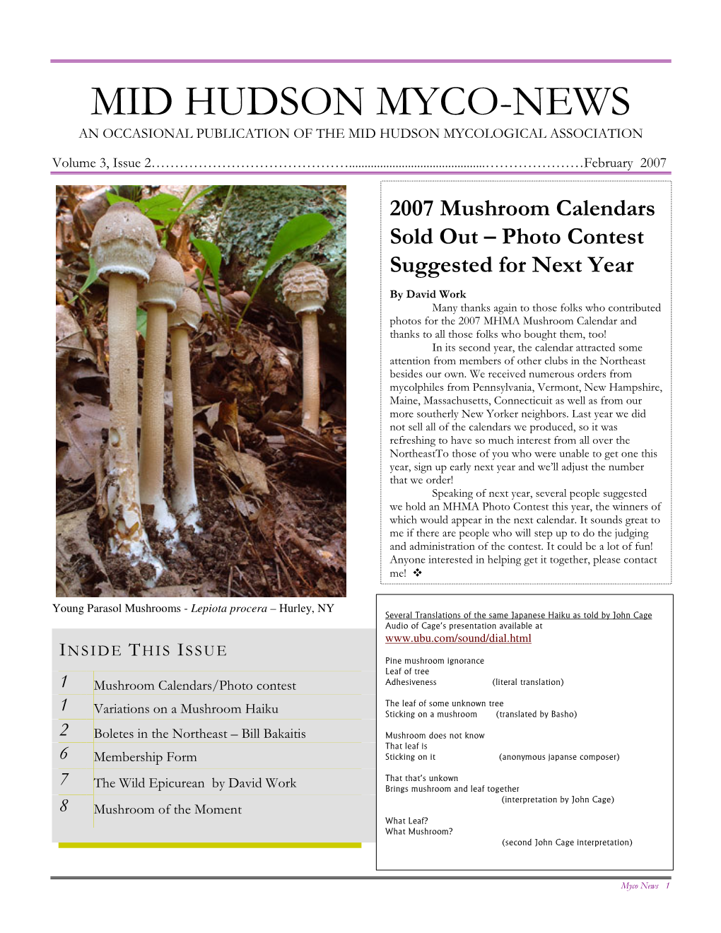 Mid Hudson Myco-News an Occasional Publication of the Mid Hudson Mycological Association