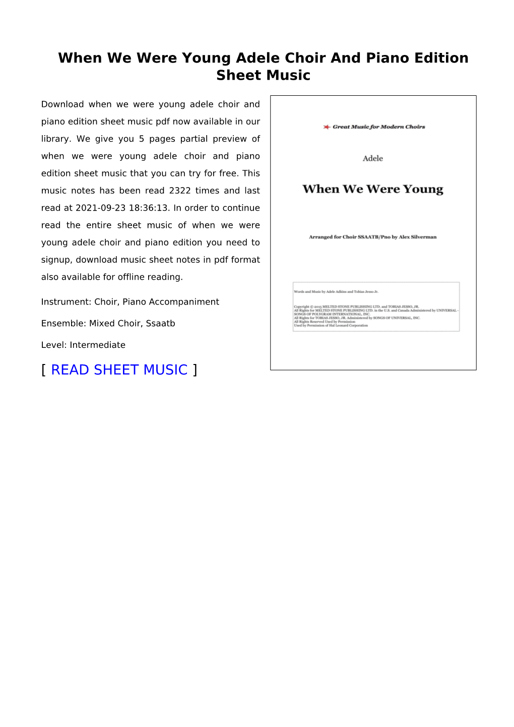 When We Were Young Adele Choir and Piano Edition Sheet Music