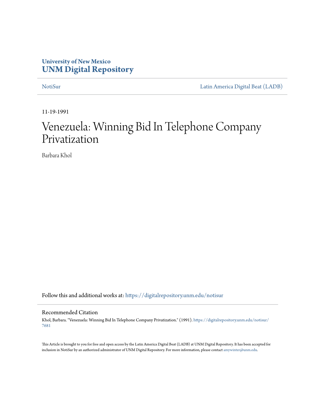 Venezuela: Winning Bid in Telephone Company Privatization Barbara Khol