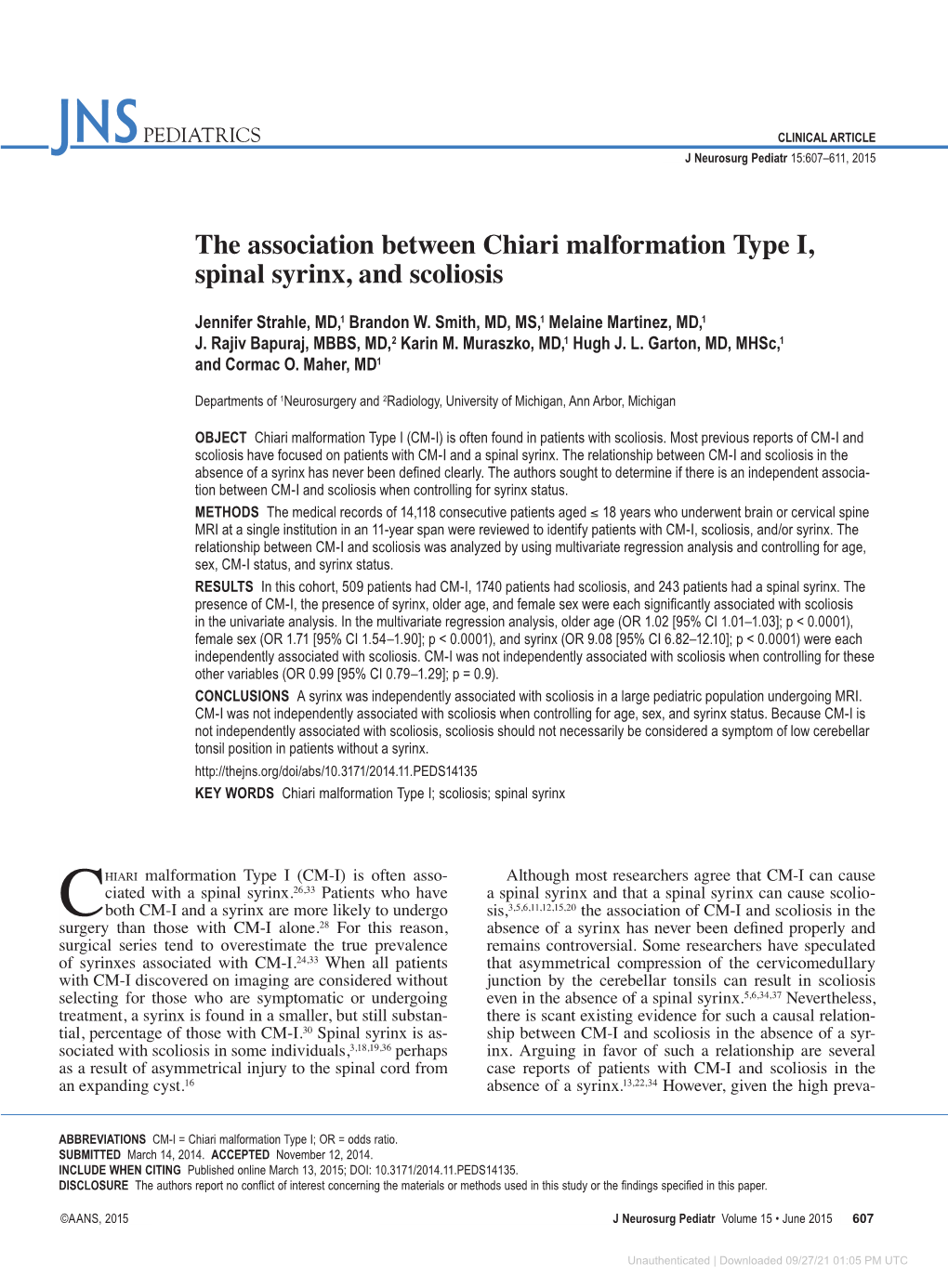 The Association Between Chiari Malformation Type I, Spinal Syrinx, and Scoliosis