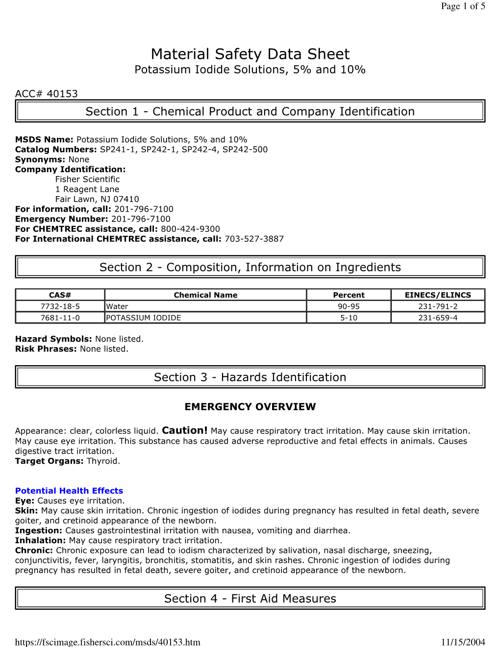 Material Safety Data Sheet Potassium Iodide Solutions, 5% and 10%