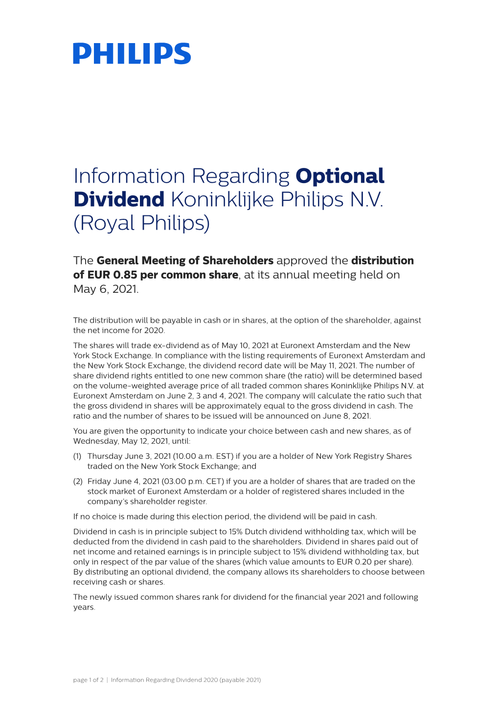 Information Regarding Optional Dividend Koninklijke Philips NV