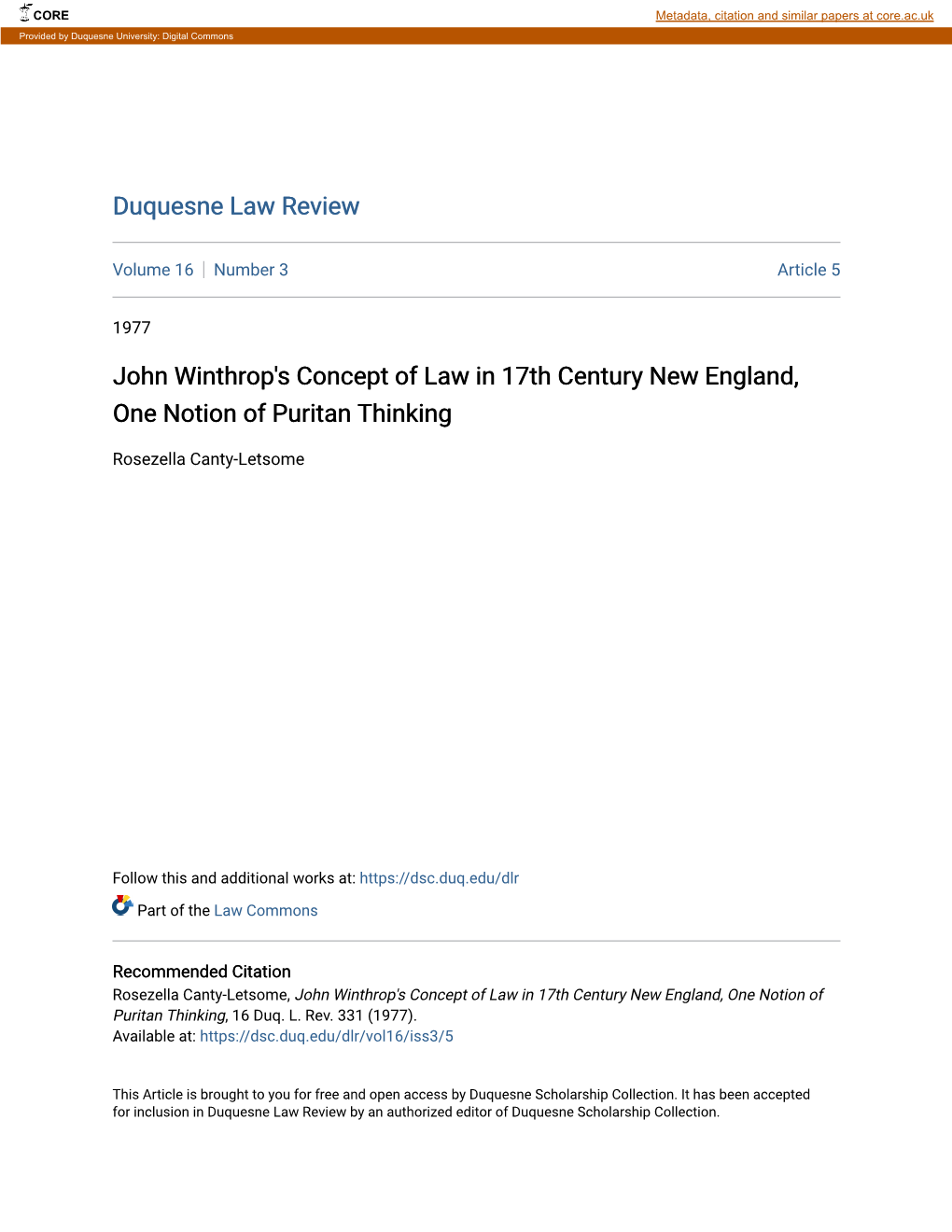 John Winthrop's Concept of Law in 17Th Century New England, One Notion of Puritan Thinking