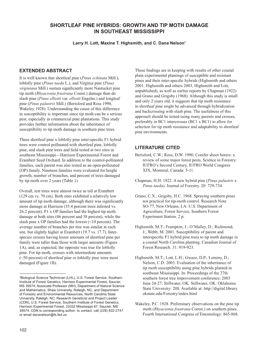 Shortleaf Pine Hybrids: Growth and Tip Moth Damage in Southeast Mississippi