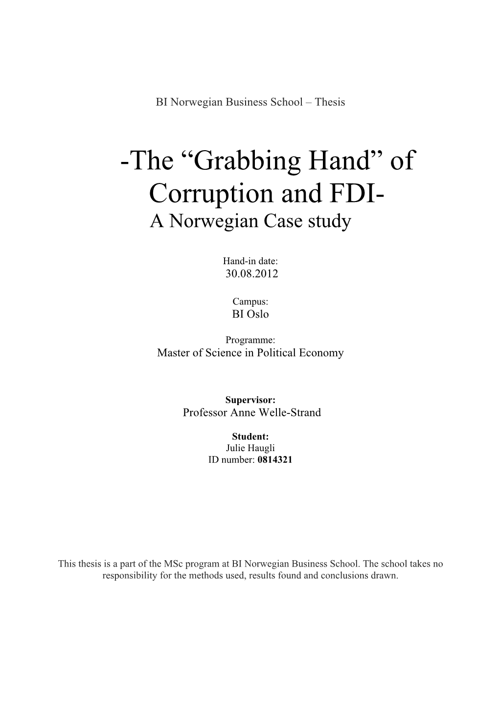 The “Grabbing Hand” of Corruption and FDI- a Norwegian Case Study