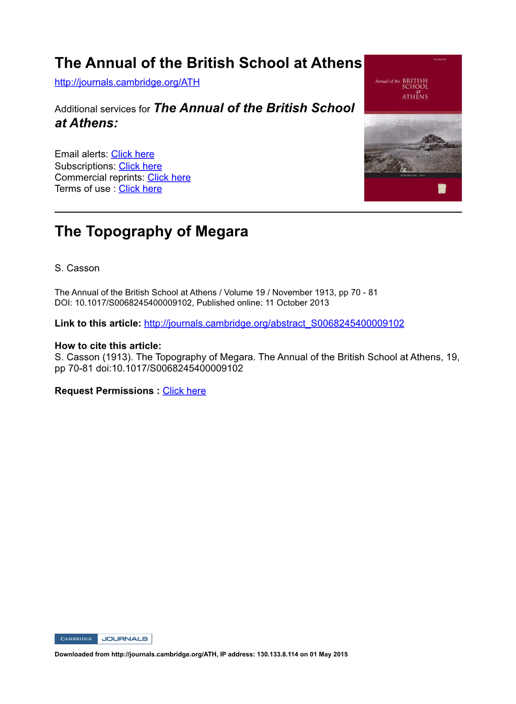 The Annual of the British School at Athens the Topography of Megara