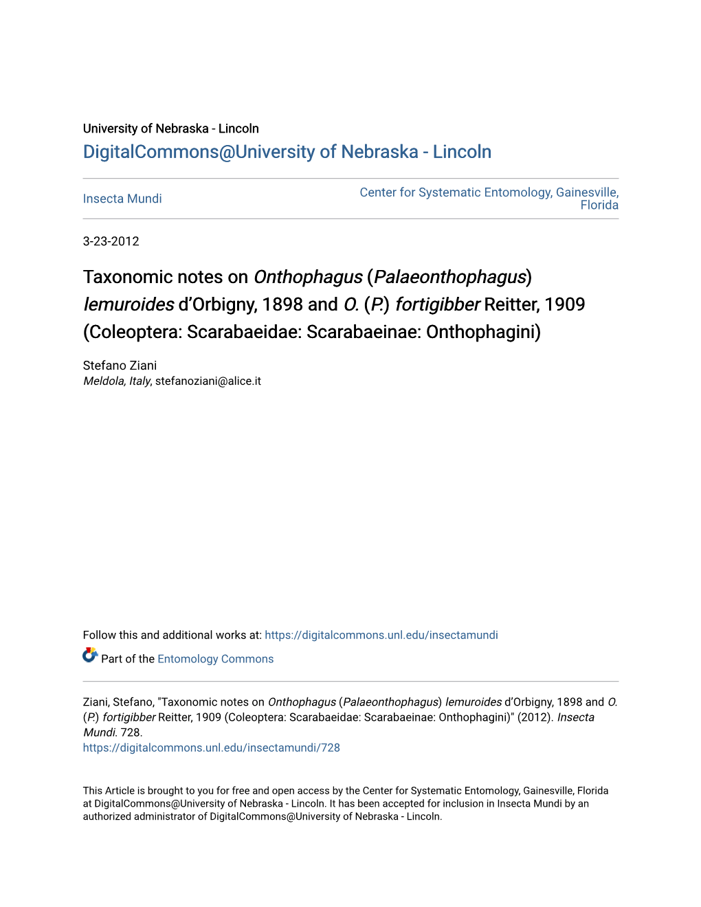 Taxonomic Notes on <I>Onthophagus</I>