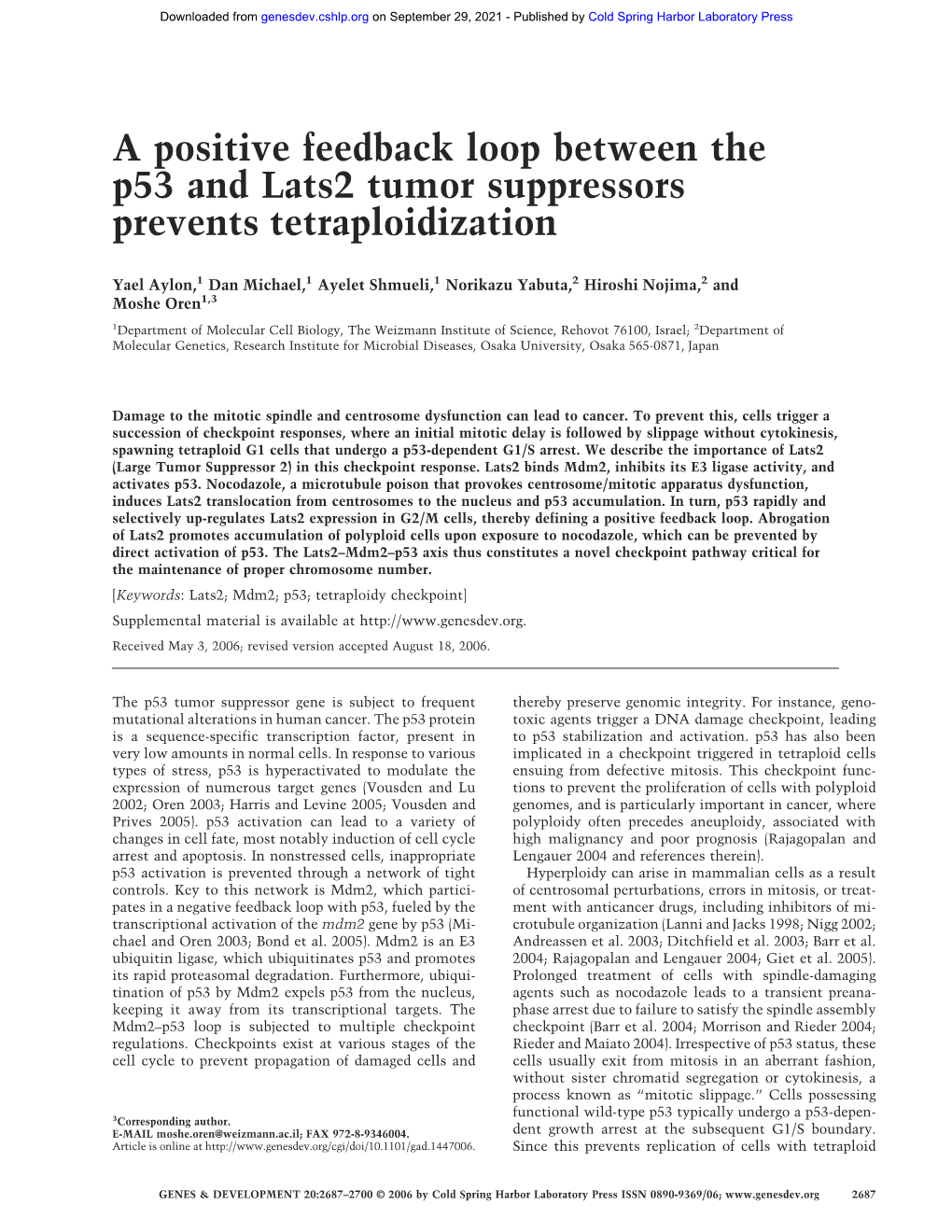 A Positive Feedback Loop Between the P53 and Lats2 Tumor Suppressors Prevents Tetraploidization