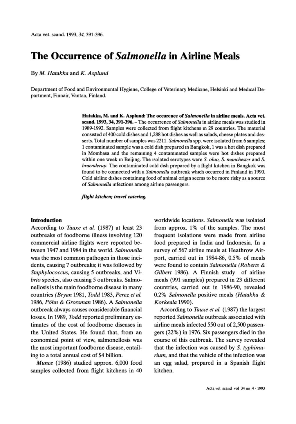 The Occurrence of Salmonella in Airline Meals