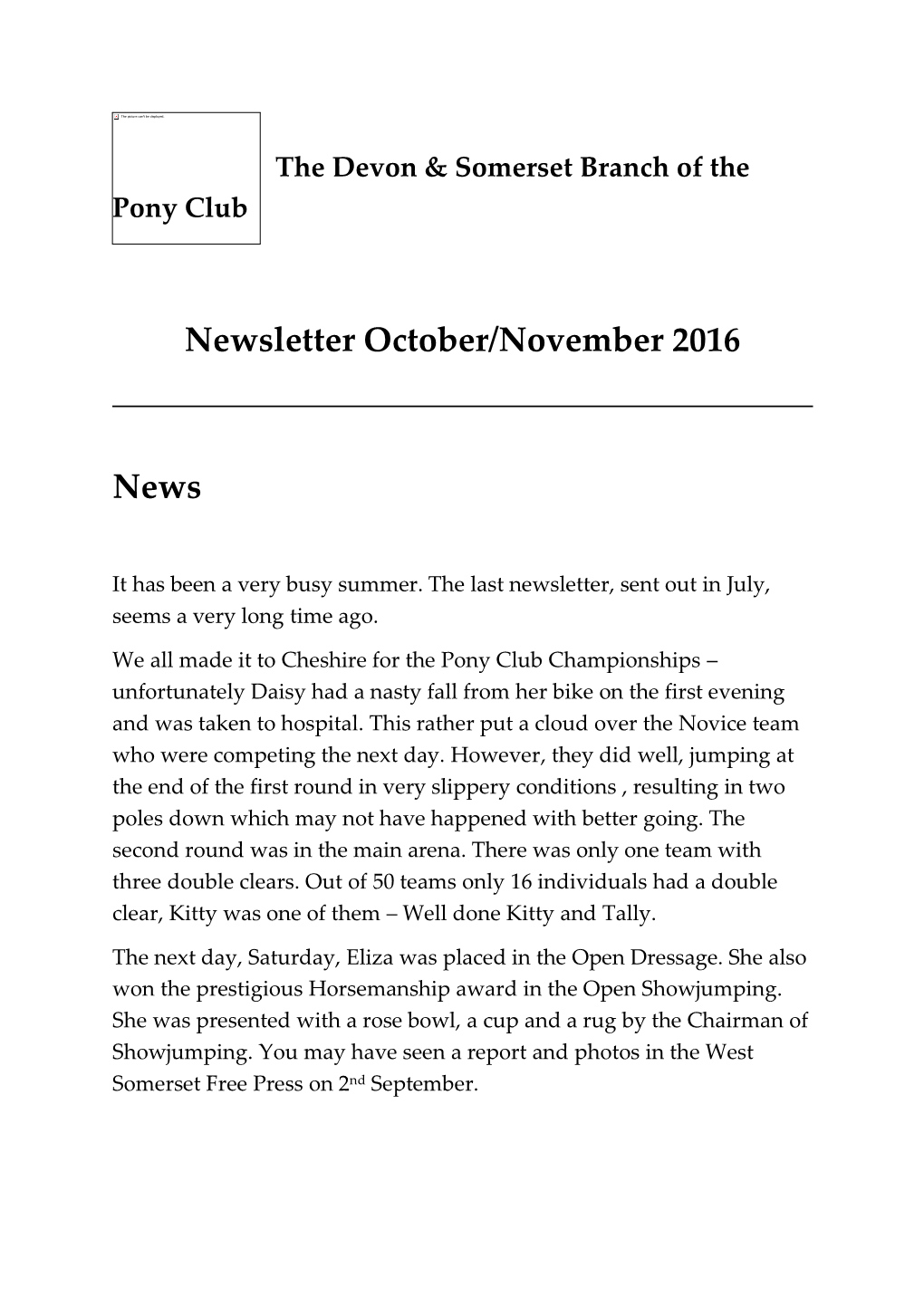 Newsletter October/November 2016 News