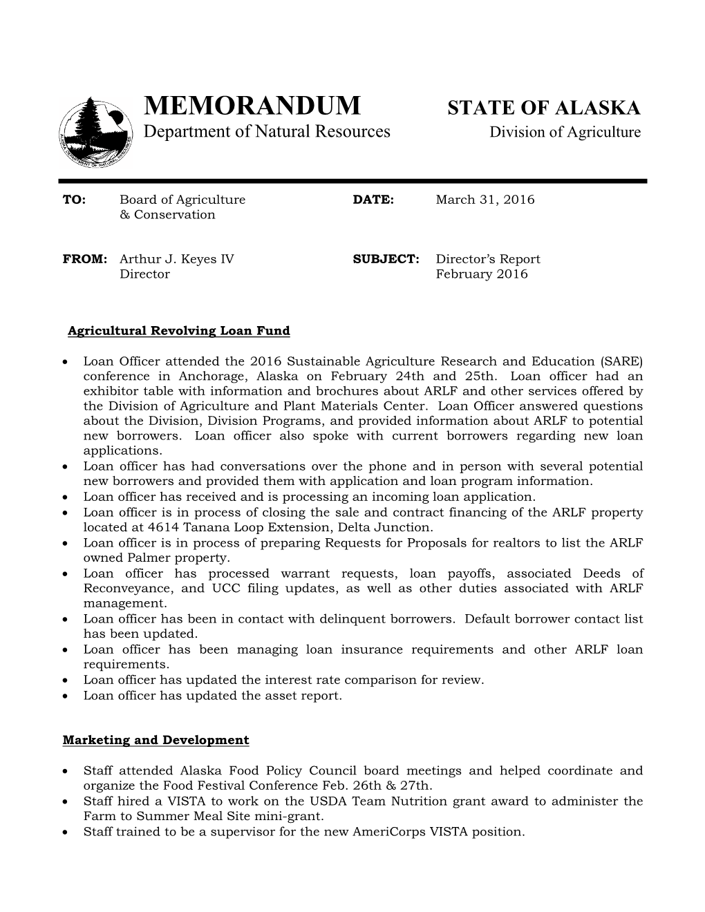 MEMORANDUM STATE of ALASKA Department of Natural Resources Division of Agriculture