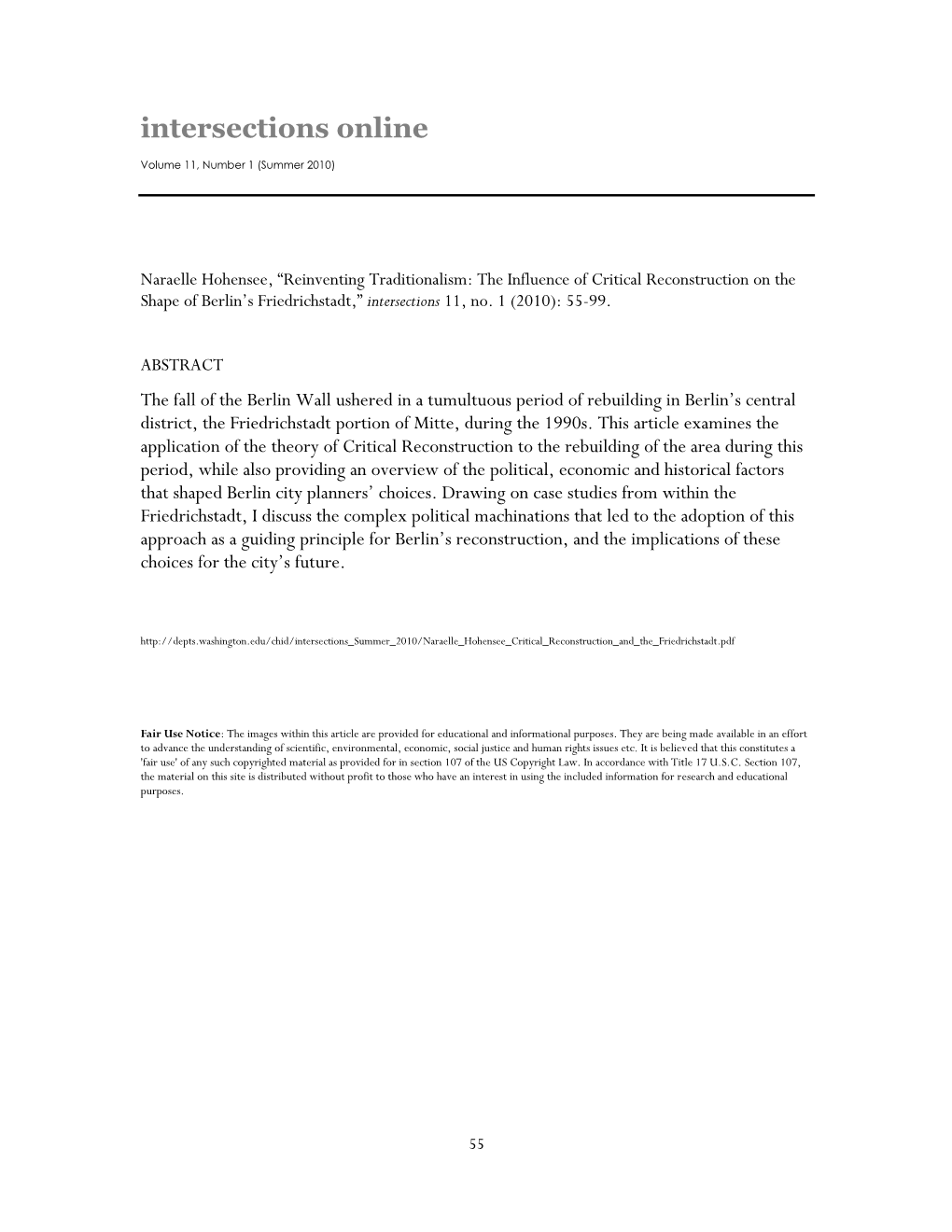 The Influence of Critical Reconstruction on the Shape of Berlin’S Friedrichstadt,” Intersections 11, No