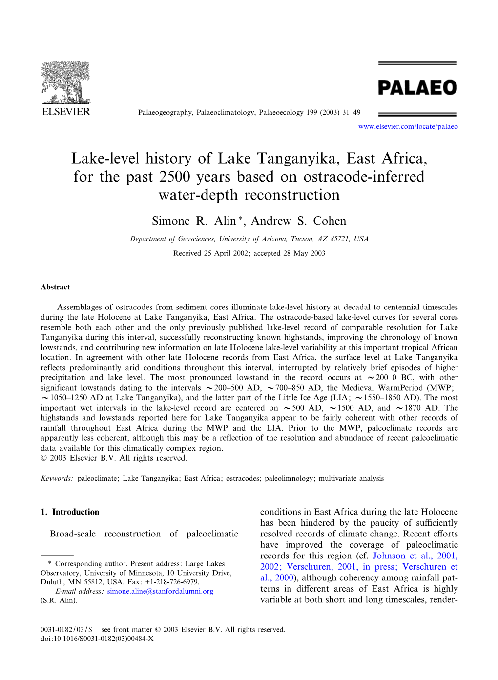 Lake-Level History of Lake Tanganyika, East Africa, for the Past 2500 Years Based on Ostracode-Inferred Water-Depth Reconstruction