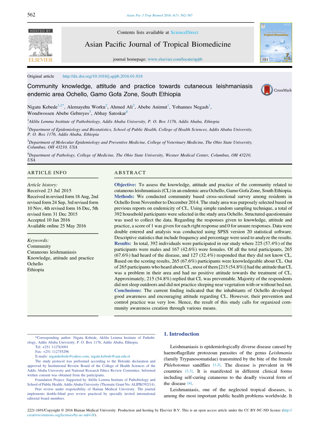 Community Knowledge, Attitude and Practice Towards Cutaneous Leishmaniasis Endemic Area Ochello, Gamo Gofa Zone, South Ethiopia