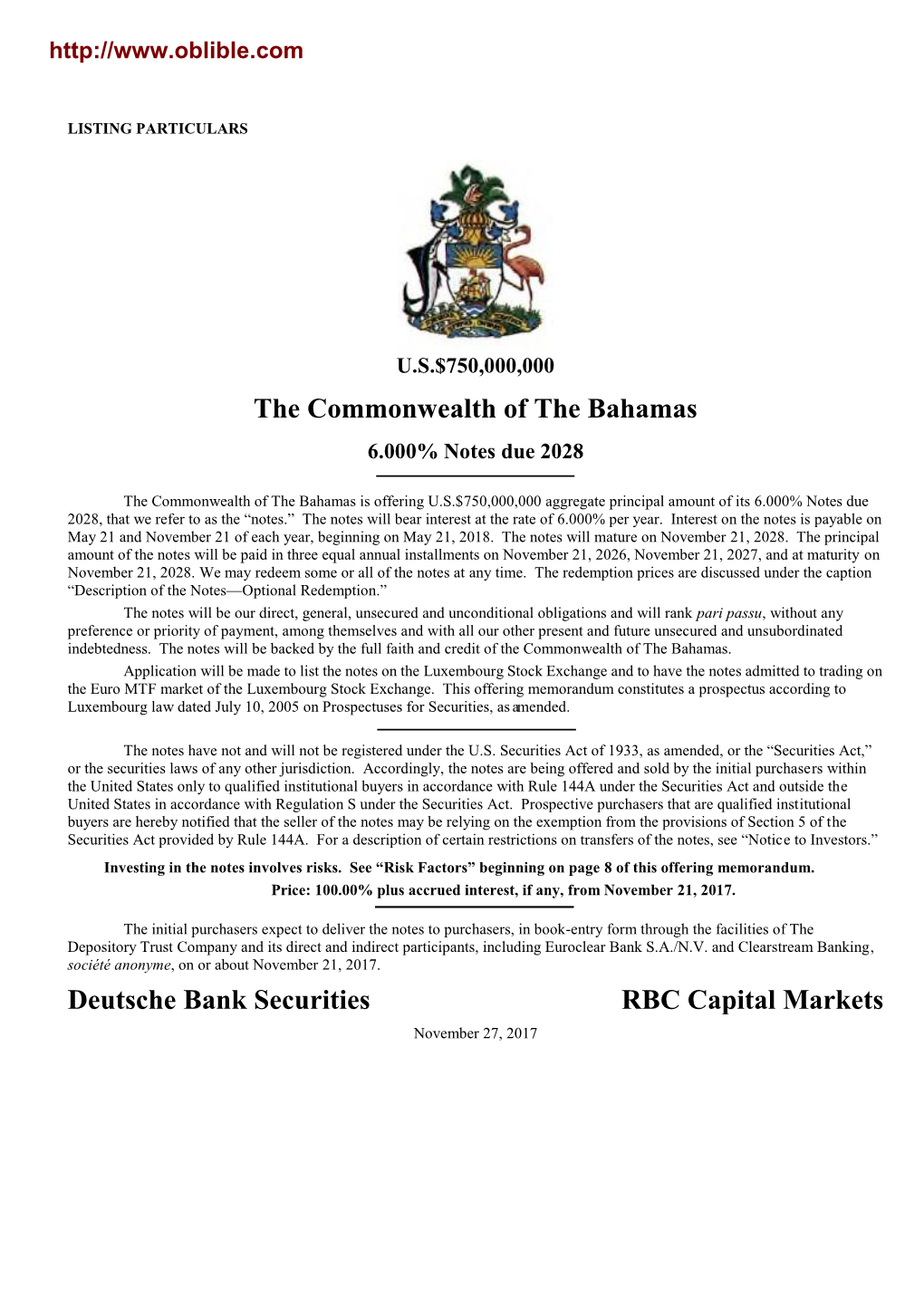 The Commonwealth of the Bahamas Deutsche Bank Securities RBC Capital Markets