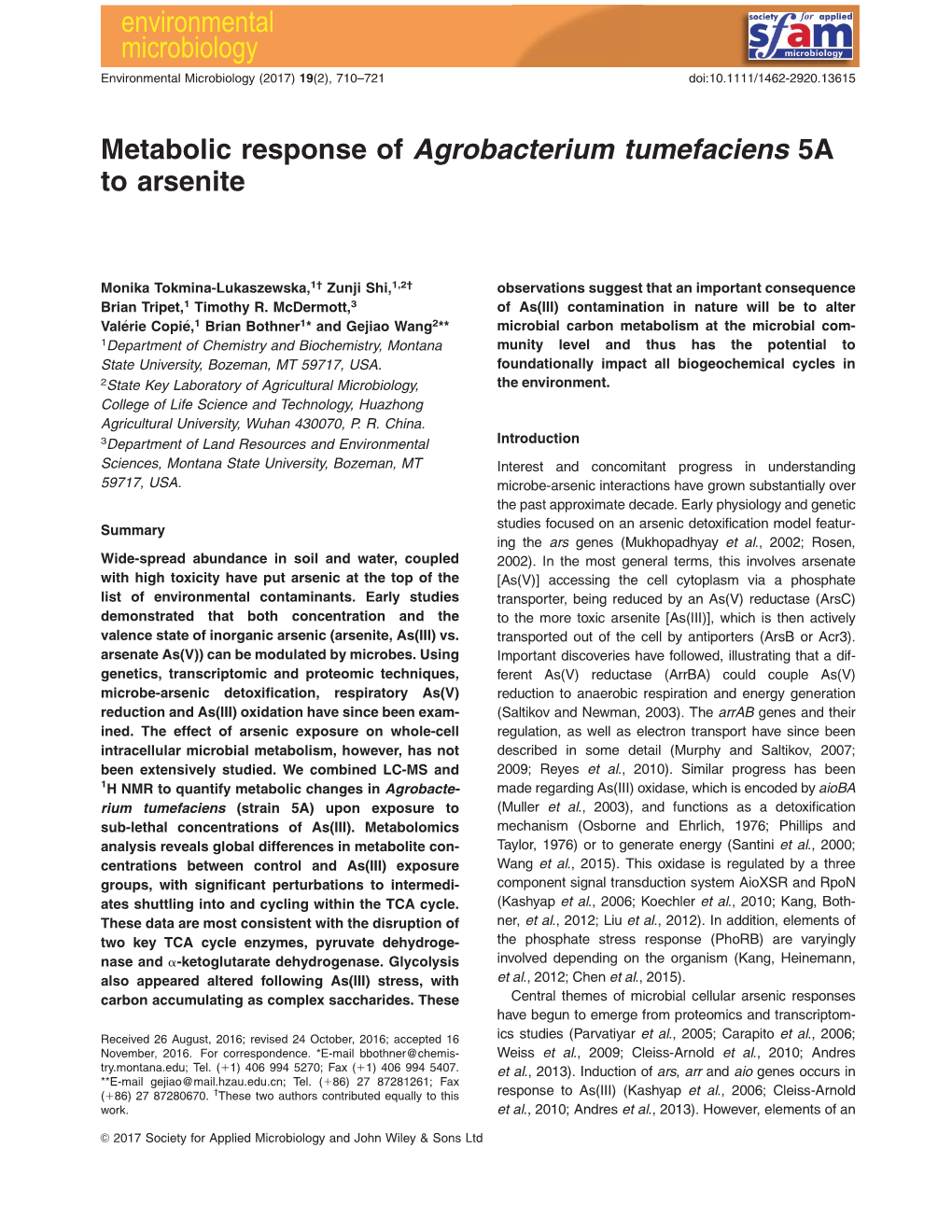 Metabolic Response of Agrobacterium Tumefaciens 5A to Arsenite