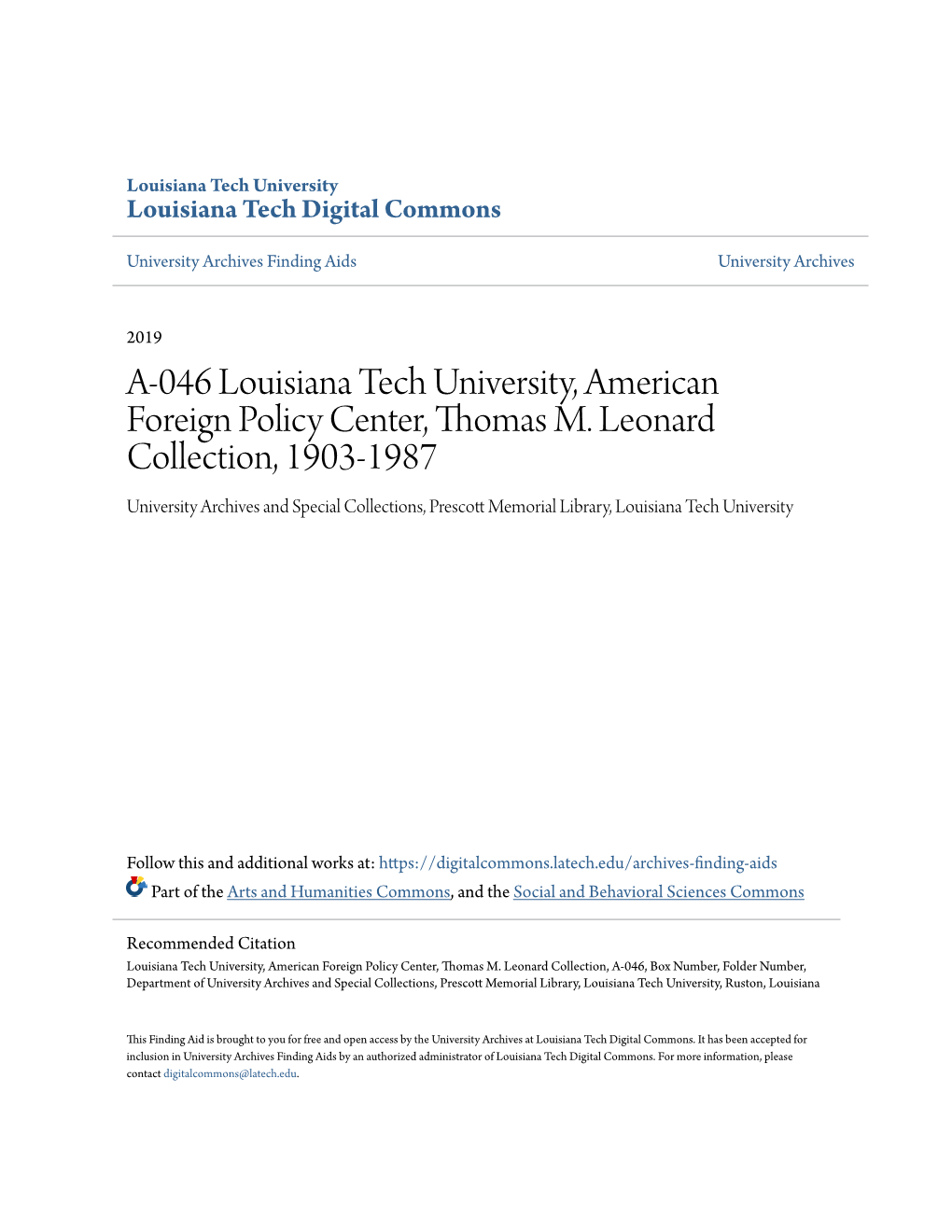 A-046 Louisiana Tech University, American Foreign Policy Center, Thomas M