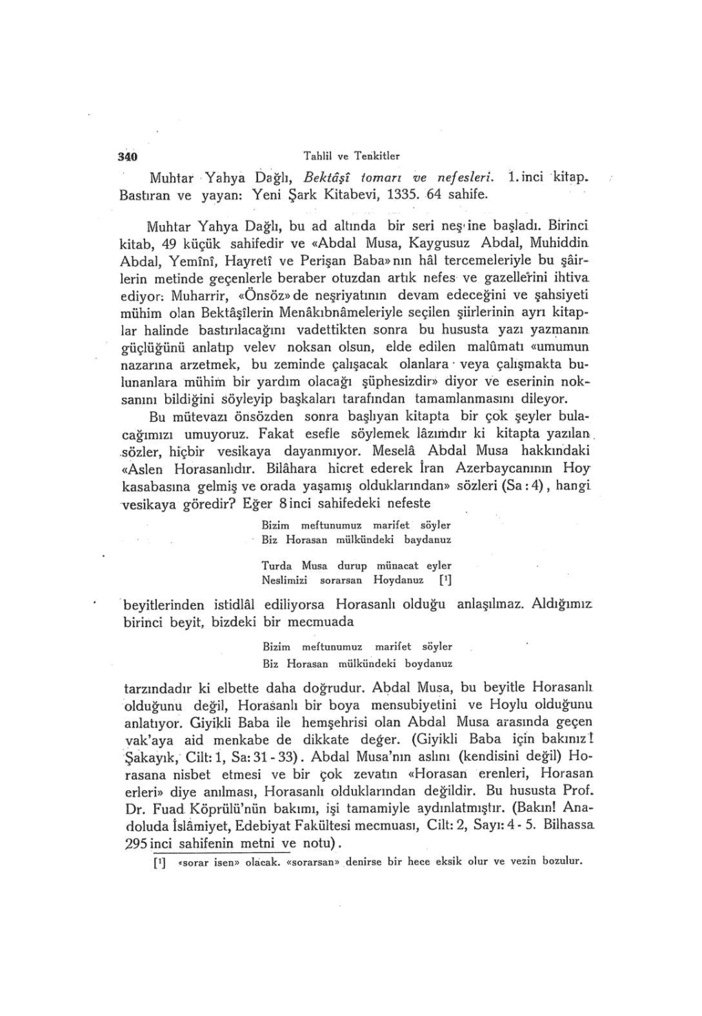 Muhtar Yahya Dağlı, Bektaşî Tomarı Ve Nefesleri, L.Inci Kitap