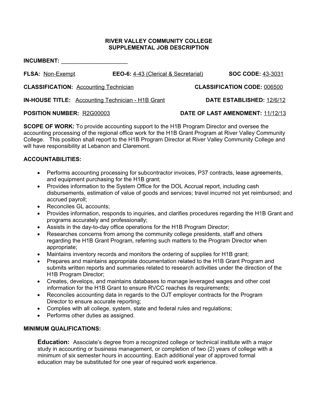 New Hampshire Technical Institute Supplemental Job Description s2