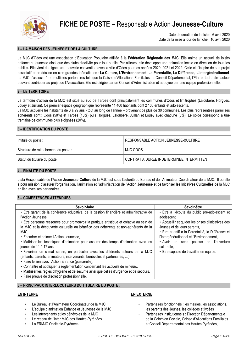 2020 04 16 Fiche De Poste Responsable Action