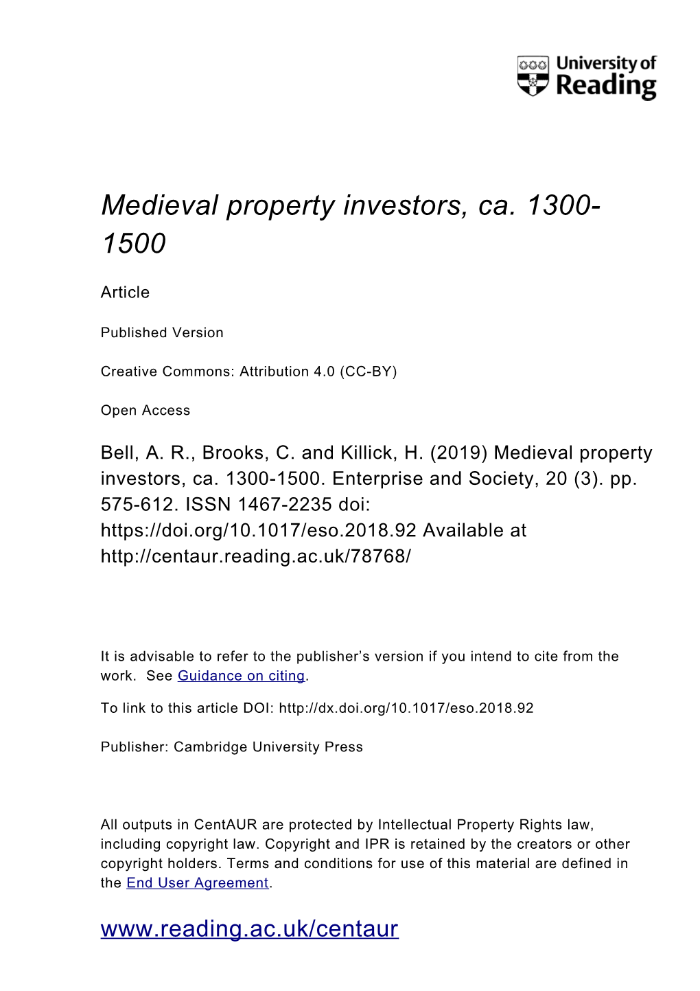 Medieval Property Investors, Ca. 1300- 1500